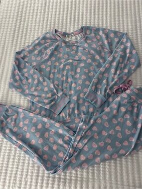 P.J. Salvage Light Blue Pajama Set with Pink Heart Print. Size M